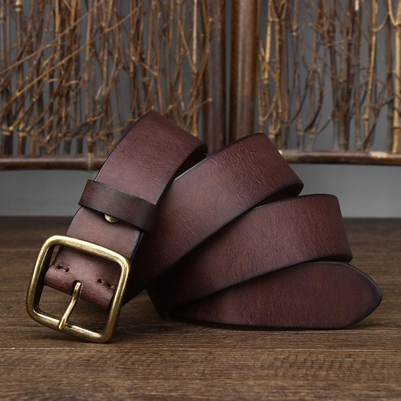 Personalized Leather Pin Buckle Pure Copper Men'S Belt, Male Trendy Young People Pure Cowhide Retro Belt