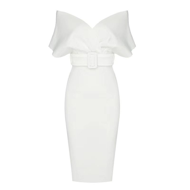 

Осень Новинка Новое Европейское и Американское Классическое Платье с Открытыми Плечами, Обертывающее Грудь, с Открытой Спиной и Поясом, Подчеркивающее Фигуру, Ретро Платье-Бандаж для Женщин White L