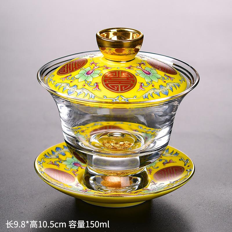 Enamel Colored Glass Gaiwan Puer Tea Bowls Crystal Tea Bowl Tureen Lid Bowl Lotus Hand Drawing Gaiwan for Travel Gai Wan Cup Set