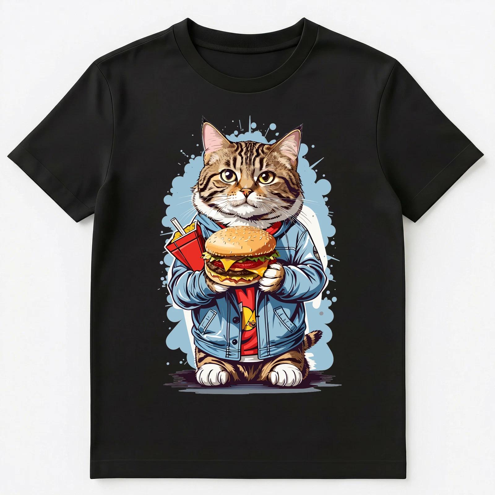 Cute Cat Holding A Cheeseburger Graphic Unisex T-Shirt 4XL