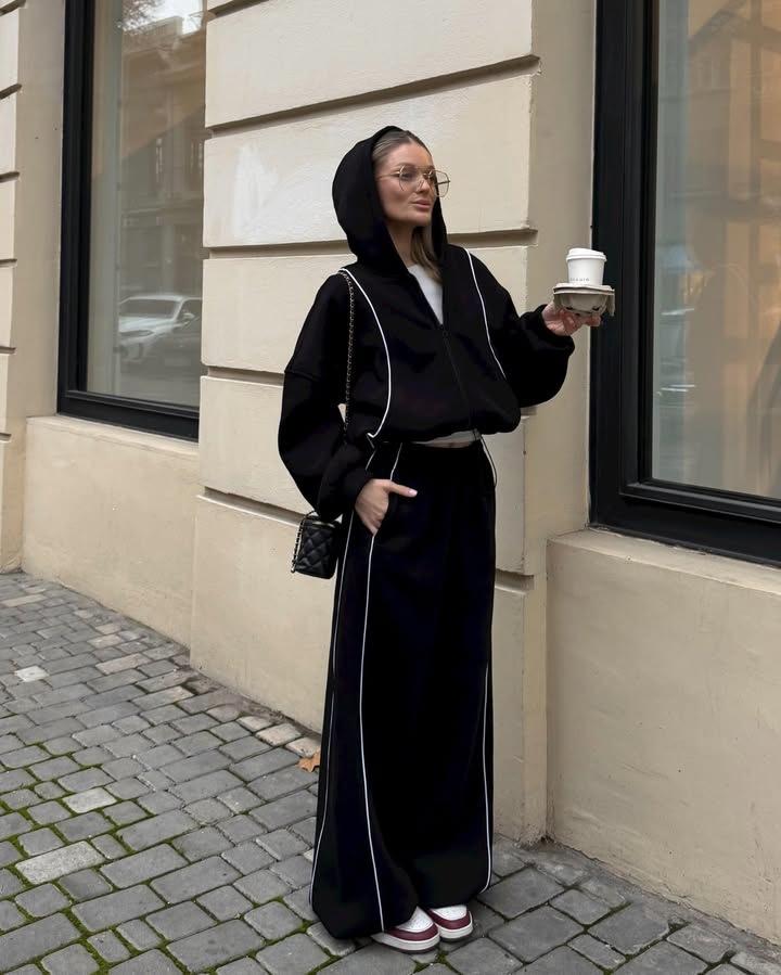 Amazon European and American casual sweater women's suit loose hooded cardigan jacket elastic wide-leg pants two-piece set