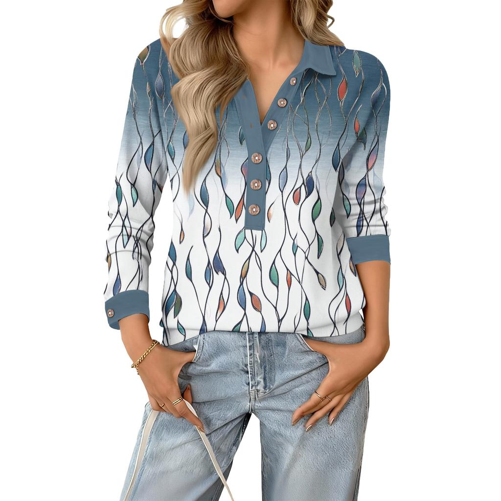 Damen lockeres V-Ausschnitt langärmeliges Knopfleisten-Blumen-Pullover-Oberteil