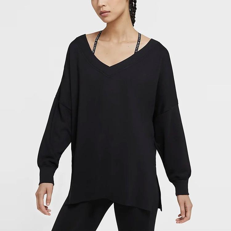Nike Yoga Solid V-Neck Pullover Long Sleeve T-Shirt Women Tops Black CU5491-010