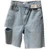 Large Size Hole Denim Shorts Summer Women's Chic Design High Waisted Five Point Fashion Casual Straight Leg Shorts