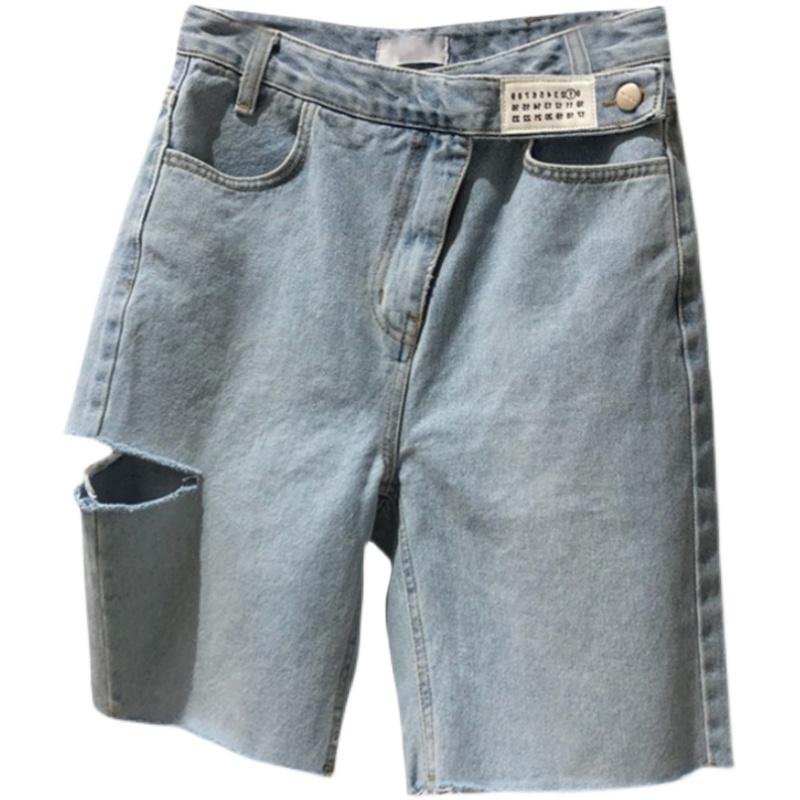 Large Size Hole Denim Shorts Summer Women's Chic Design High Waisted Five Point Fashion Casual Straight Leg Shorts