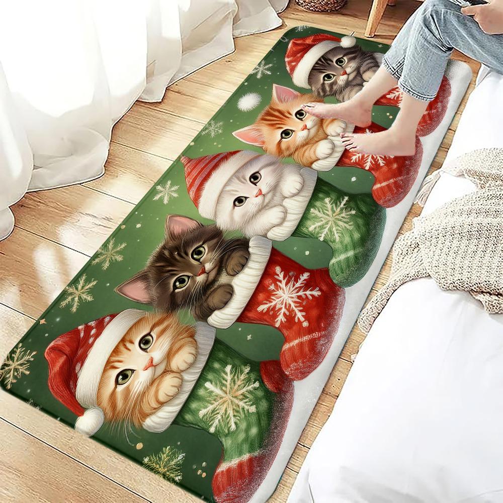 Merry Christmas Floor Mat Cute Cat Kitten Anti-slip Soft Carpet for Bedroom Living Room Hallway Doormat Area Rug Home Decoration