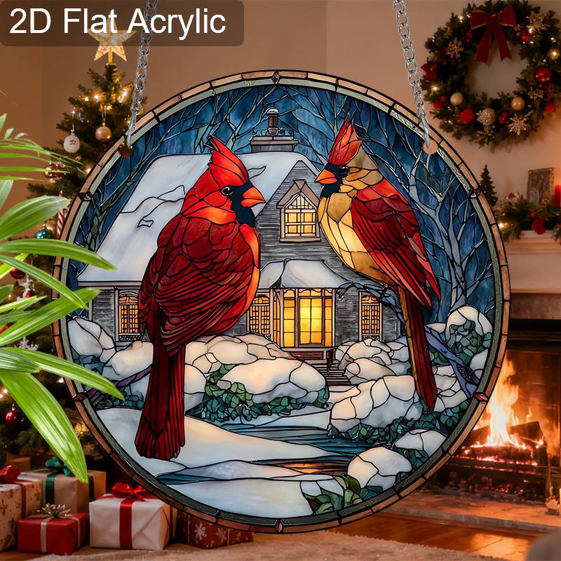 Acrylic Winter Cardinals with Snowy Cabin Suncatcher, Stained Glass Effect Window Hanging Ornament for Christmas & Nature Lover Gifts