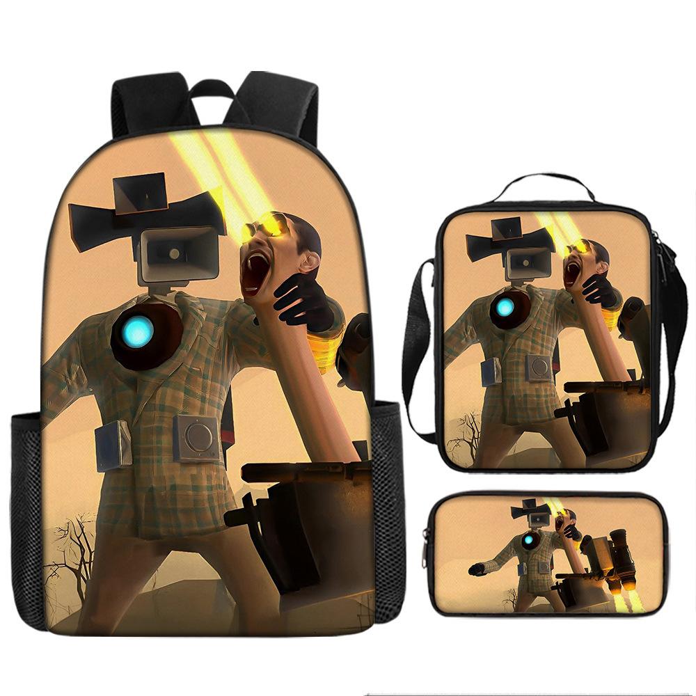 Toilet Man Backpack Trendy Backpack European and American Retro Schoolbag Cartoon Backpack Three-piece Set