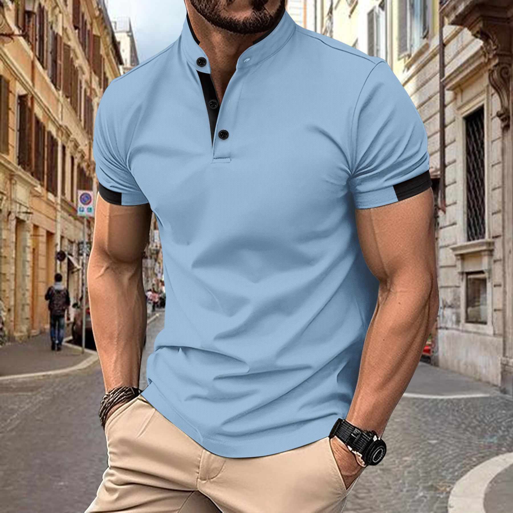 2026 Men s Summer Fashion Loose Casual T-shirt Men s Top Polo Shirt Men s Henry Collar Sports Polo Shirt S синий