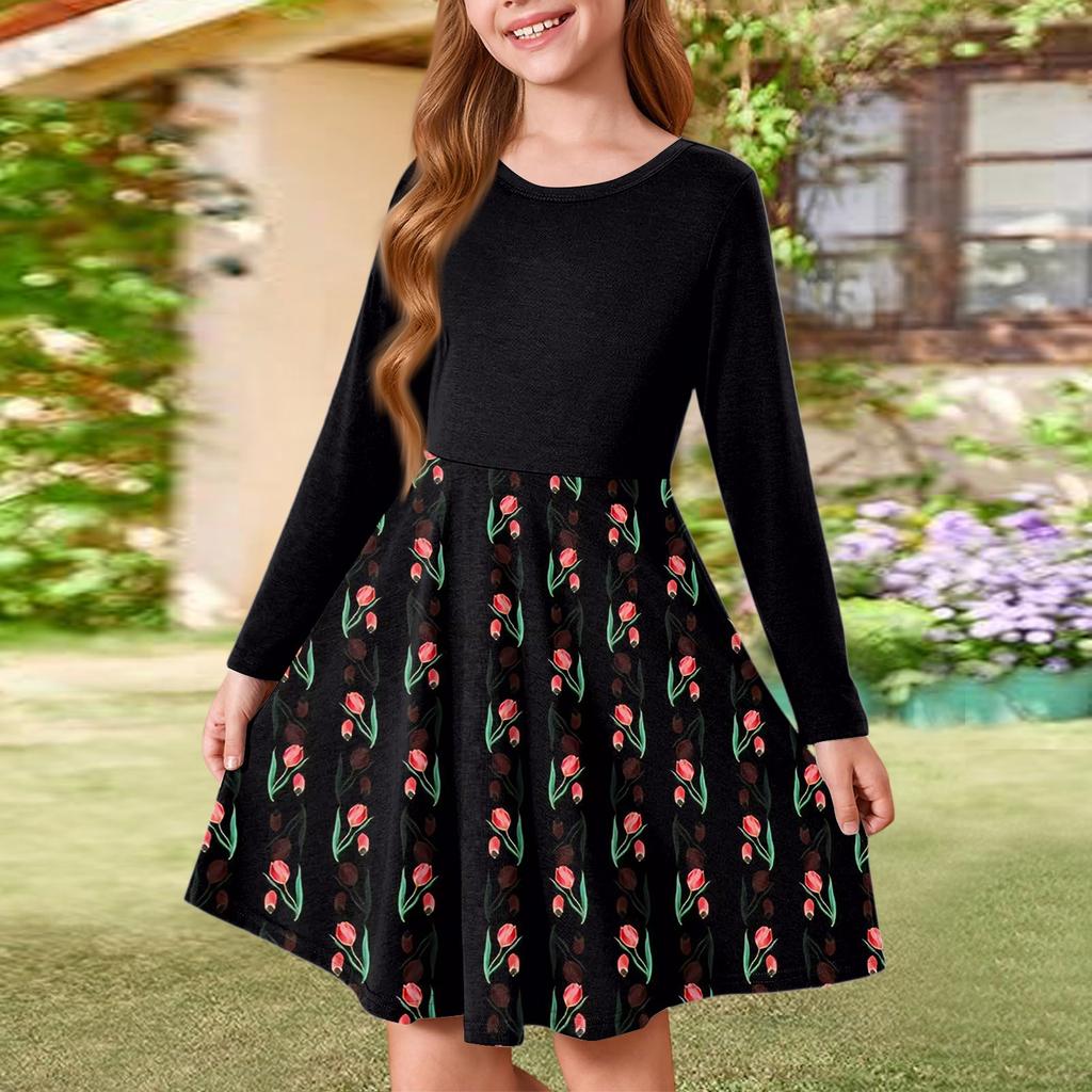 Girls' Summer Princess Dress - Long Sleeve A-Line T-Shirt Dress