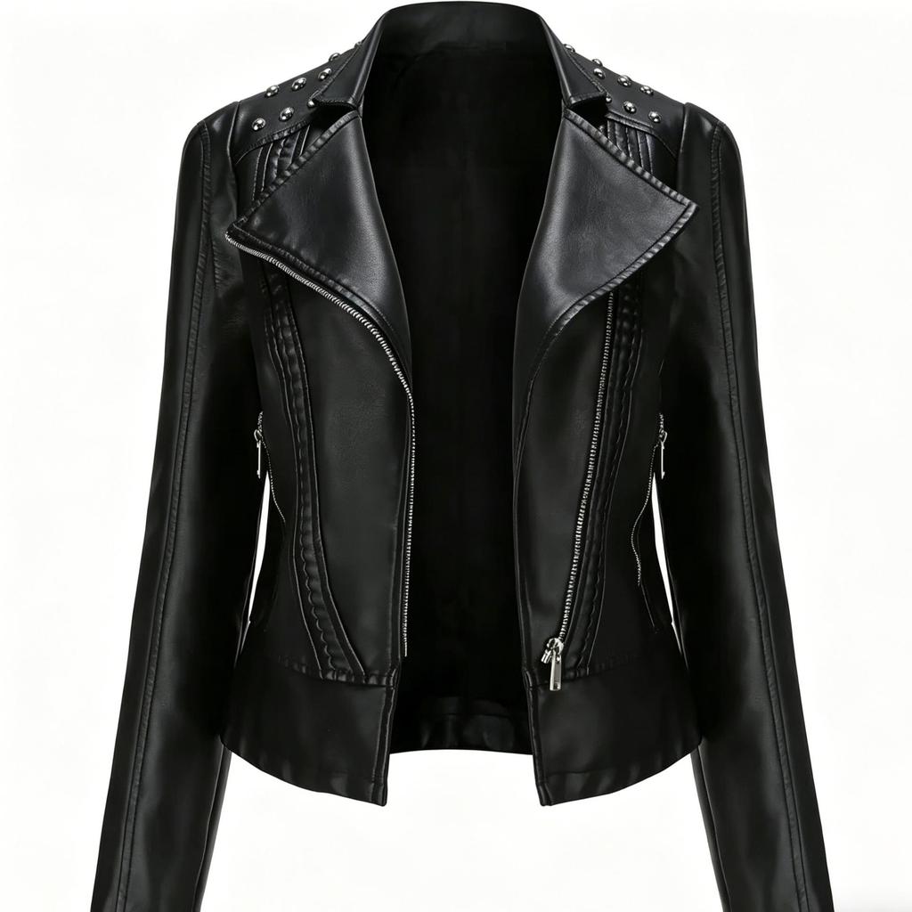 Damen Cool Edgy Nieten Motorrad PU-Lederjacke, Schräger Reißverschluss, Reverskragen, Slim Fit Punk Style Kurze Jacke für Frühling/Herbst