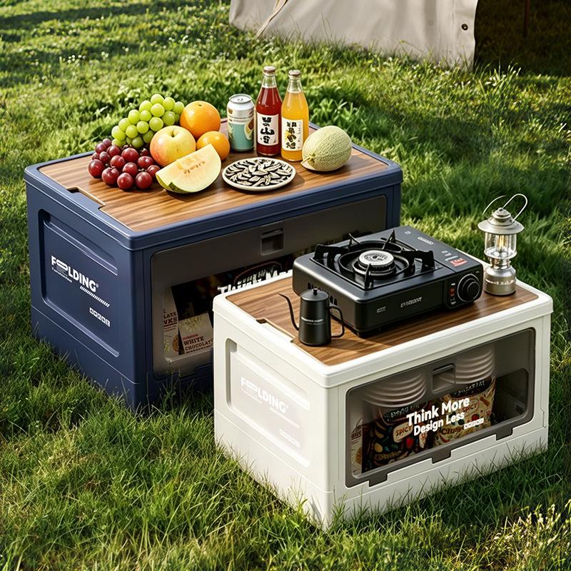 XL Folding Outdoor Storage Box with Wood Lid & Side Opening for Camping & Car Trunk Organization
