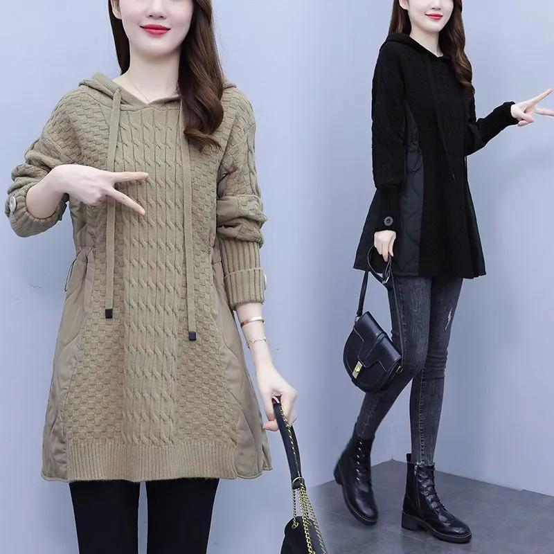 Damen Herbst/Winter Splicing Strickpullover Design Locker Kapuzen Winterparka Mantel Damen