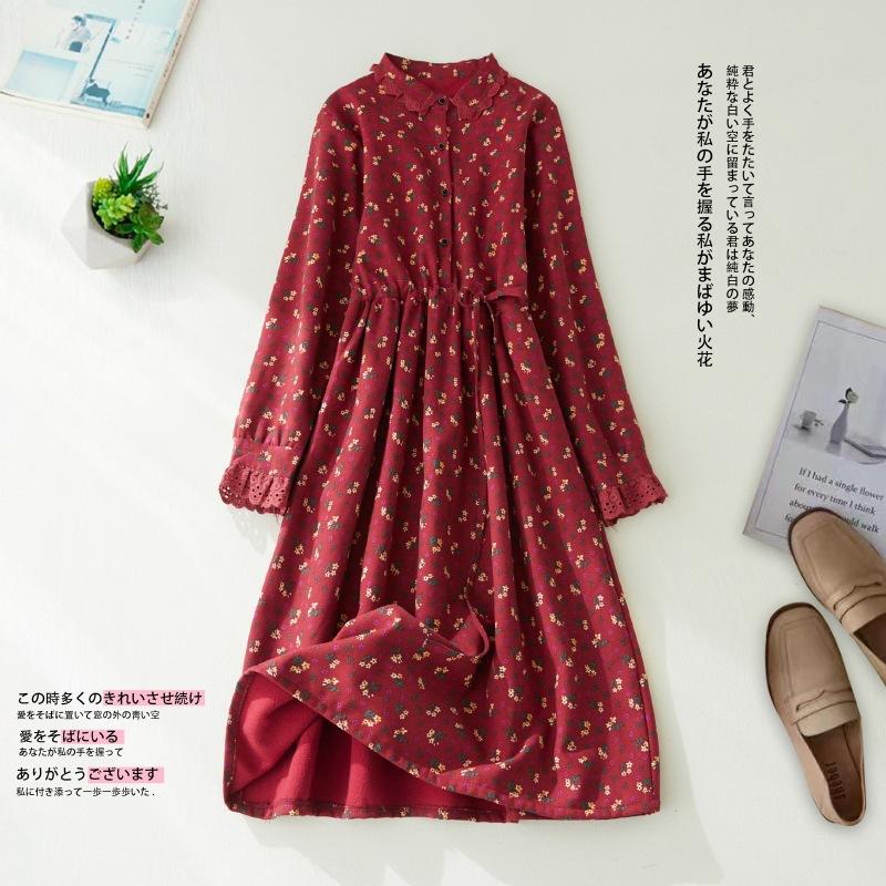 

2025 spring and autumn new printed velvet dress women s casual loose small floral waist lace-up primer dress Large size M темно-червоний колір