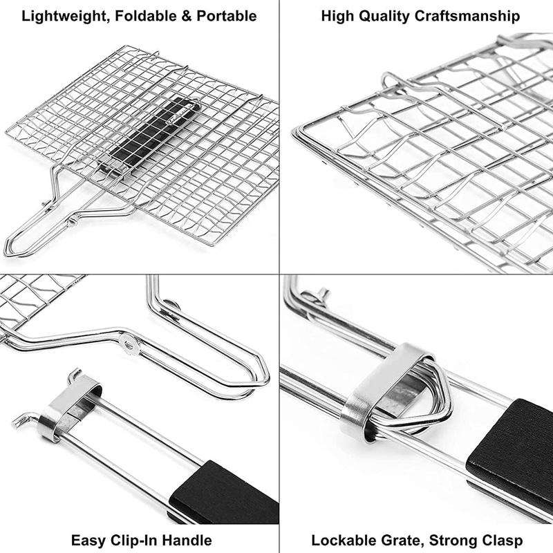 1pc Folding Portable BBQ Grill Basket    Stainless Steel BBQ Rack With Removable Handle for Meat, Steak, Shrimp, Vegetable