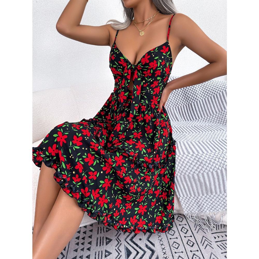 Casual Floral Bow Fungus Suspender Dress for Women