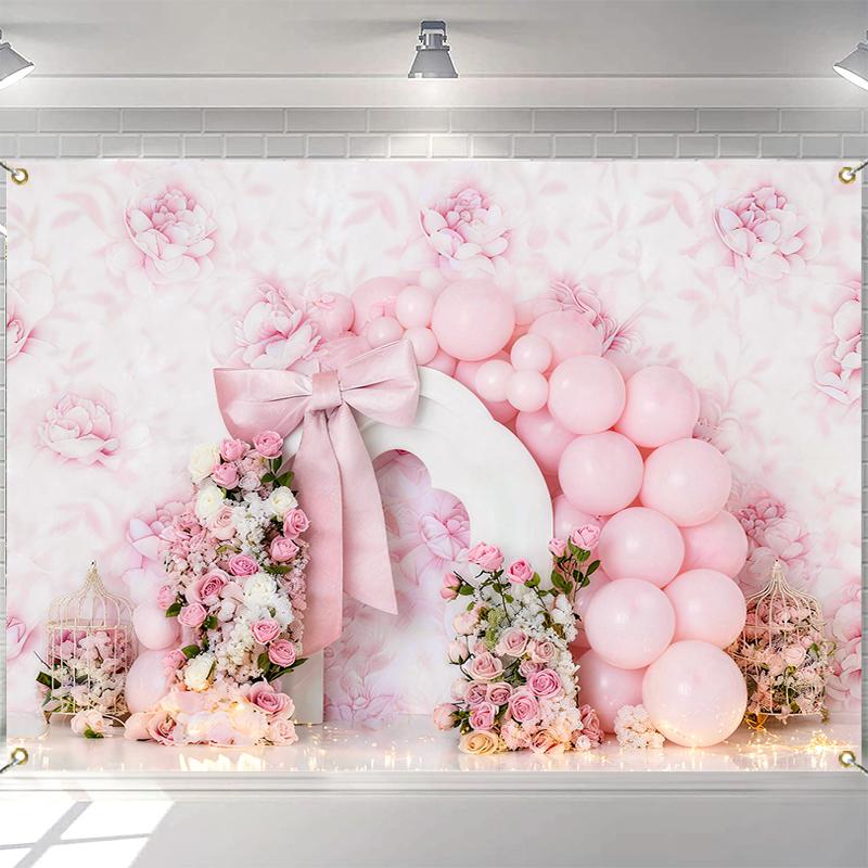 LS Pink Pearls Balloons Flower Wall Backdrops Kids Child Birthday Cake Smash Baby Photography Bow Decors Backgrounds