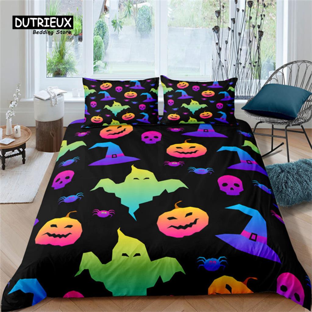 Halloween Bettwäsche Set Cartoon Kürbis Bettbezug Set Mikrofaser Hirsch Geometrischer Druck Bettdeckenbezug mit Kissenbezug Raumdeko