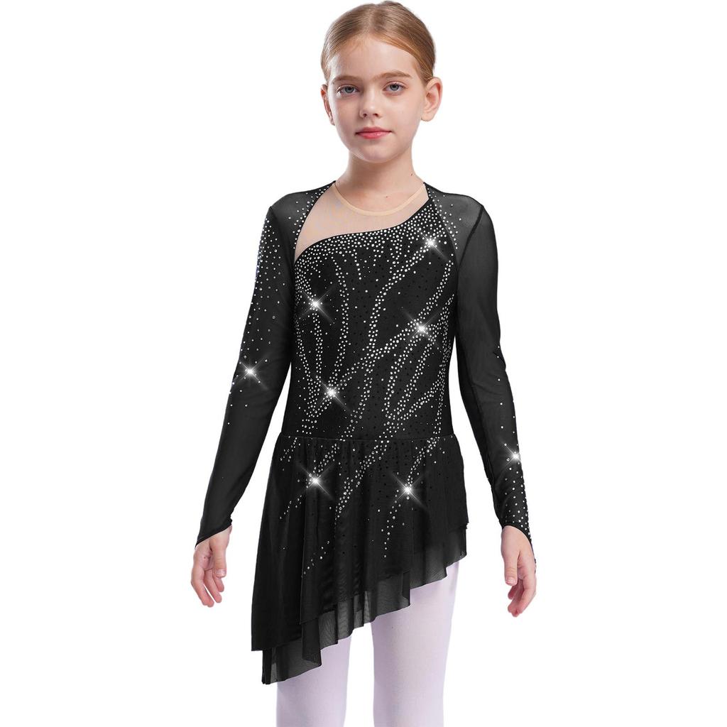 Girls Sparkly Rhinestones Dance Dress Mesh Long Sleeves Cutout Back Asymmetric Hem Figure Skating Dress