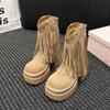 Fashion Women Tassels High Heels 9CM Thick Platform Short Boots Suede Chunky Shoes Woman Autumn Winter Platform Motorcycle Boots Botas