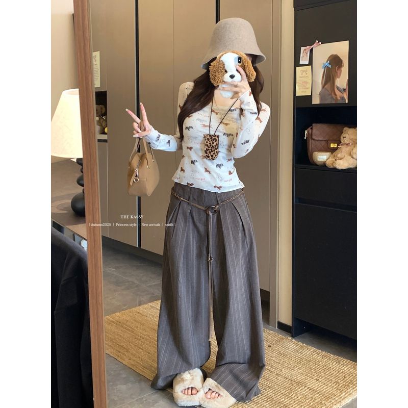 Kumikumi Design Puppy Print Long Sleeves Shirt Women Autumn Loose Slimming Casual Pants Trousers Two-piece Set