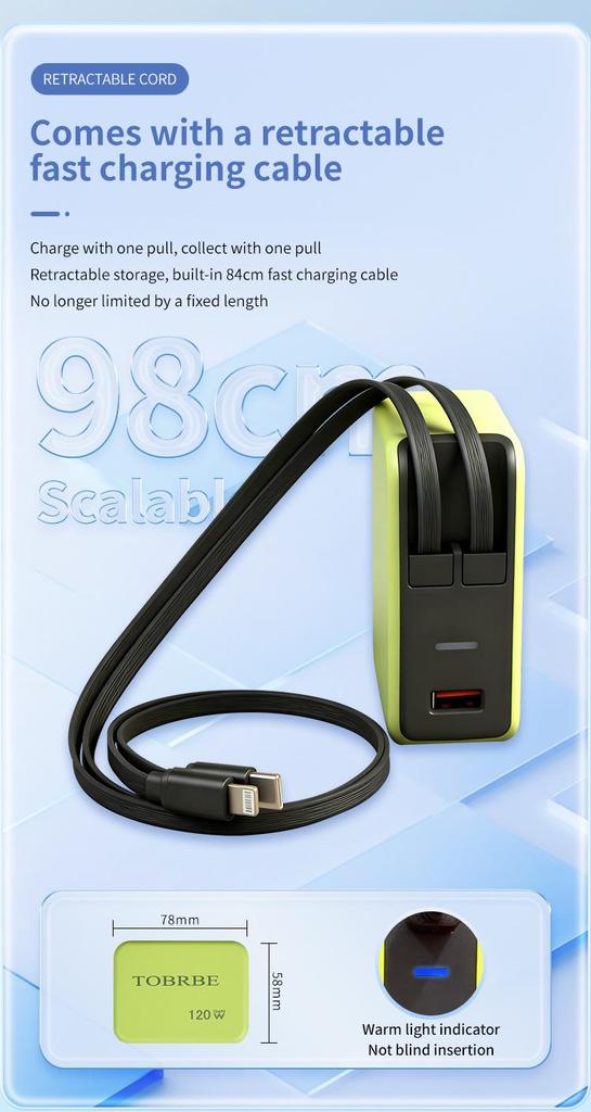 Fast Charging GaN Charger with Retractable Cable for Apple, iPad, Huawei, Xiaomi, and Android.