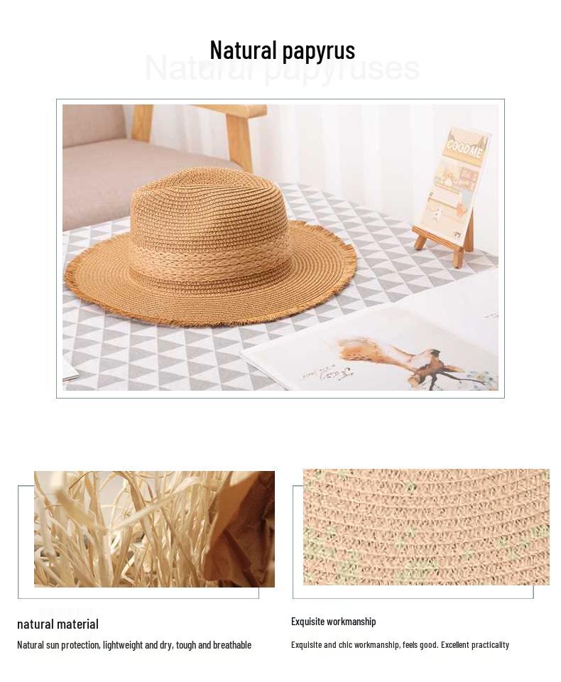 Women's Straw Hat - Korean Style Retro Colorblock with Frayed Edges, High-End Sun Protection, Internet Celebrity Beach Fedora with Large Brim.