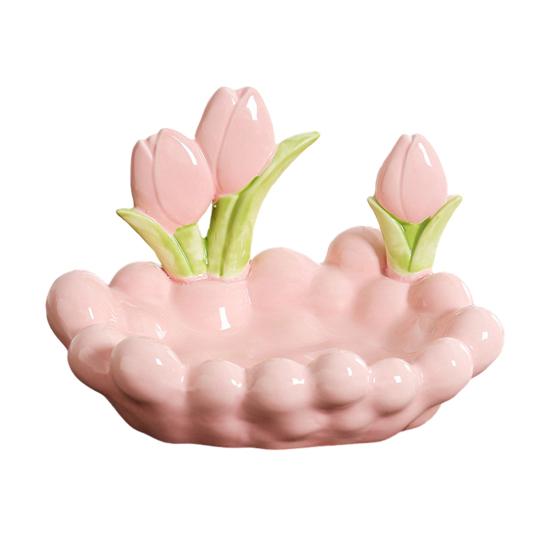 Yousheng Ceramic Tulip Key Dish Pink Flowers Jewelry Dish Decorative Desktop Organizer for Jewelry Watch Entryway Bedroom Dresser розовый