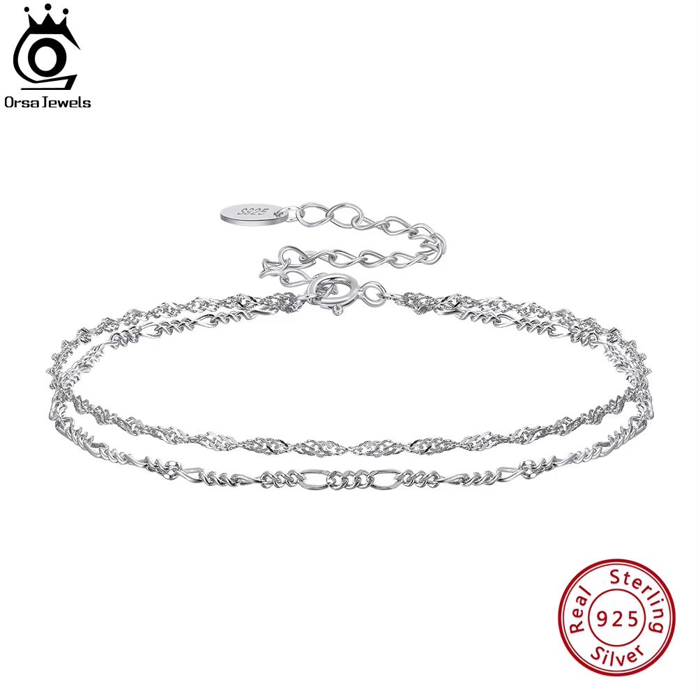 ORSA JEWELS Solid 925 Silver Double-Layered Bracelet Italian Water Ware Diamond-Cut Figaro Chain Bracelet for Women Girls SB132