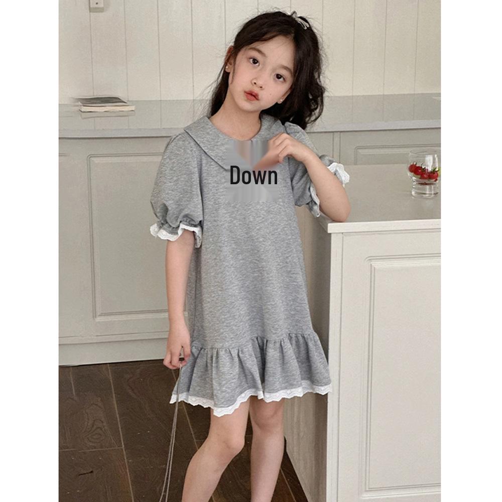 Cross-Border Girls  Summer Doll Collar Puff Sleeve Casual Dresses 6Y/130 серый