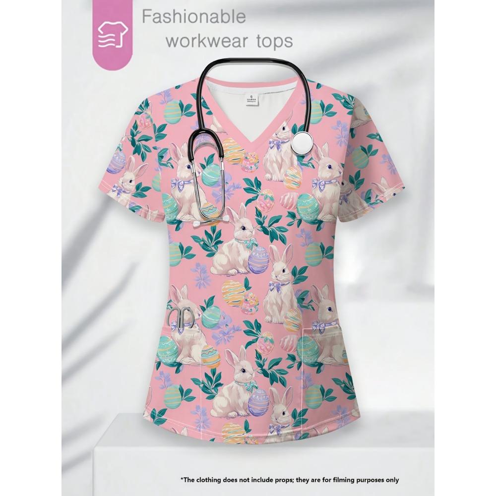 Clinical Uniform Woman Vet Easter Themed Print Top Summer Elegant V-Neck Short Sleeve with Pockets Dentist Scrubs Uniform Woman