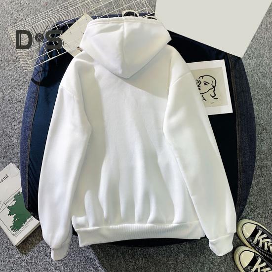 Fall Winter Unisex Hoodie Drawstring Elastic Cuff Thorn Print Thick Fleece Patch Pocket Loose Long Sleeves Pullover Warm Top
