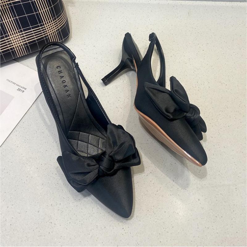 Fashion Comfort Shoes for Women Stiletto Heels Bow Tie Pointed Summer Suit Female Purple Large Size New Low-heel Baotou Sandals