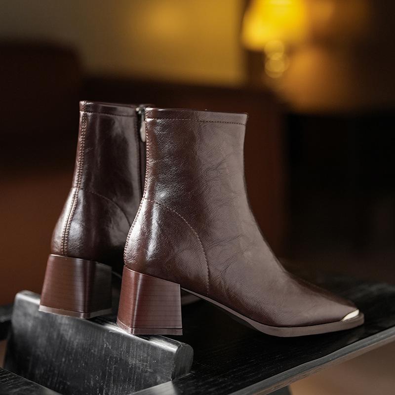 Women's Super Comfortable Chunky Heel Martin Boots - High Heel Square Toe Ankle Boots, Soft Leather, Short Tube Design