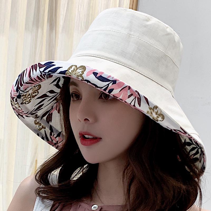 Summer Women Fisherman Hat Solid Flower Print Double Sided Bucket Hats For Ladies Outdoor Travel Beach Sunscreen Cap