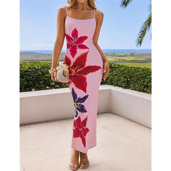 Women's Sexy Suspender Backless Flower Print Slim Summer Long Dress