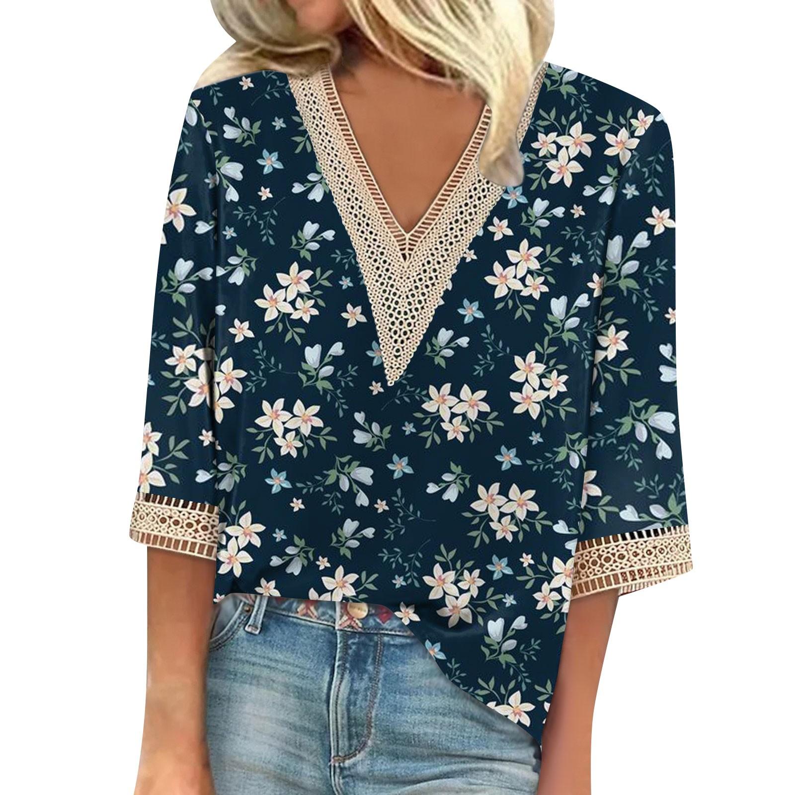 

Women s Shirt Blouse Casual Loose Shirts 3/4 Sleeve Lace Trims Print V Neck Tops Print Tops T-shirts Tee XXXL Темно-синій