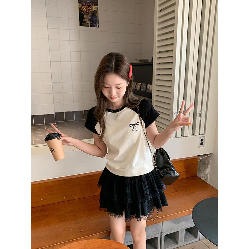 Bow splicing contrasting color short-sleeved t-shirt women's summer spice girl slim-fitting beautiful fashion temperament short top