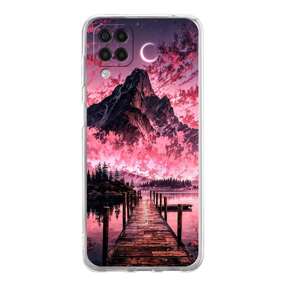 Soft TPU Cover for Samsung Galaxy A25 A23 A22 A52S A31 A72 A73 A17 A07 A13 A11 5G Transparent Phone Case Pink Sunset Mountain