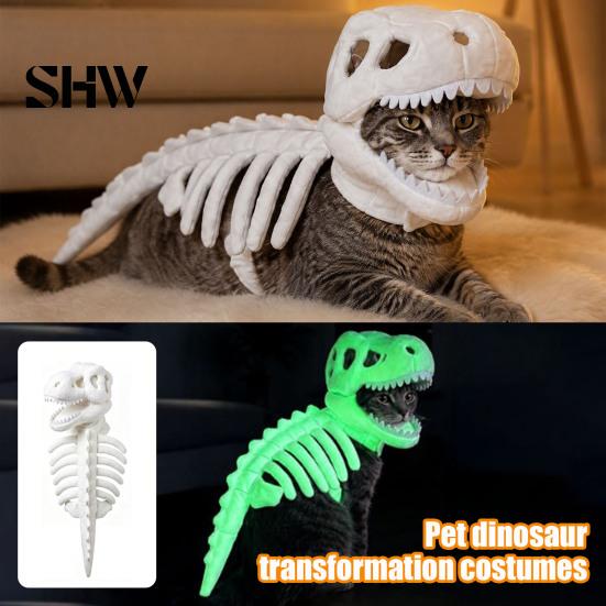 Costume Scheletro Dinosauro Tridimensionale per Animali Domestici, Abbigliamento 3D Luminescente al Buio, Cappello Morbido Peluche di Dinosauro per Cani Gatti di Halloween, Cosplay Festività