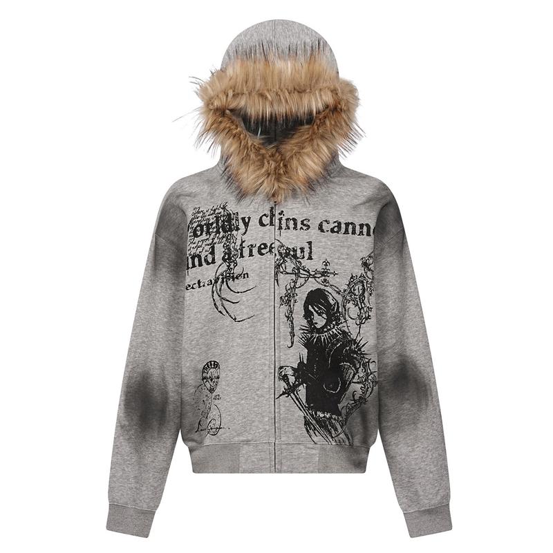 VibeStreet Strickjacke mit Pelzkragen Reißverschluss Kapuze Herbst und Winter Punk Hip-hop Rock Dunkler Stil Rock Mode All-Match Y2K Retro Jacke