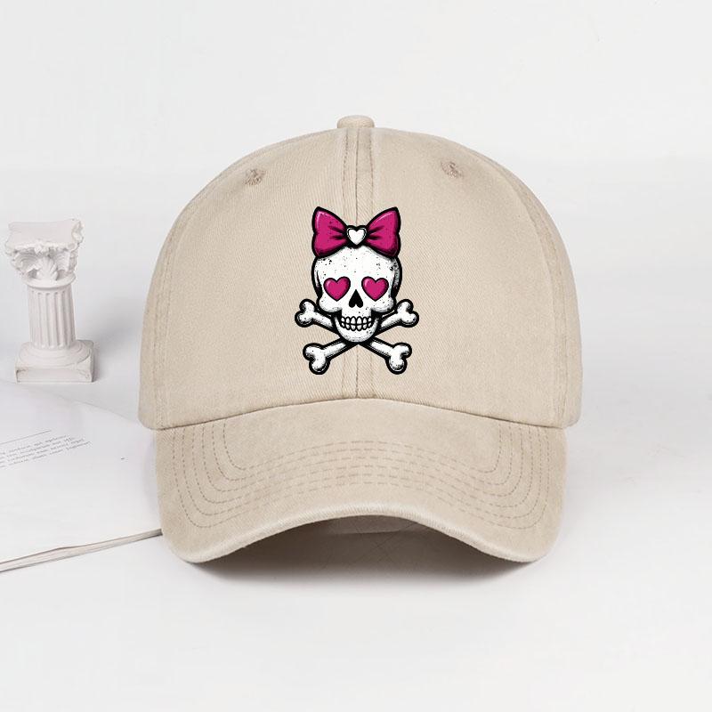 BowTie HeartEyed Skull Crossbones Print Washed Baseball Cap Soft Comfortable Adjustable Lightweight Breathable SweetEdgy