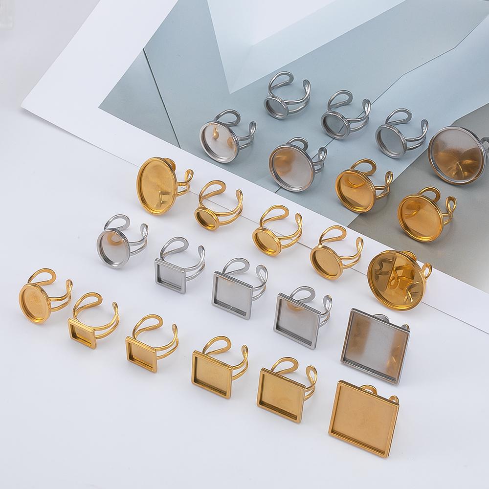 4 Stück Edelstahl Runder Ring Rohling Tablett Verstellbar Offener Fingerring Fassung 10-25mm Cabochon Basis Fassung für DIY Schmuckherstellung