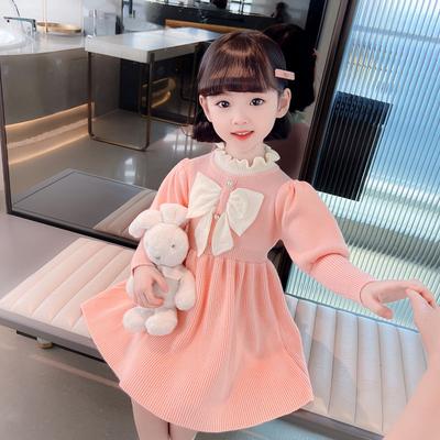 Neues Herbst-Winter Mädchen Strickpullover Kleid Schleife Langarm Kleider für Mädchen Prinzessinnenkleid