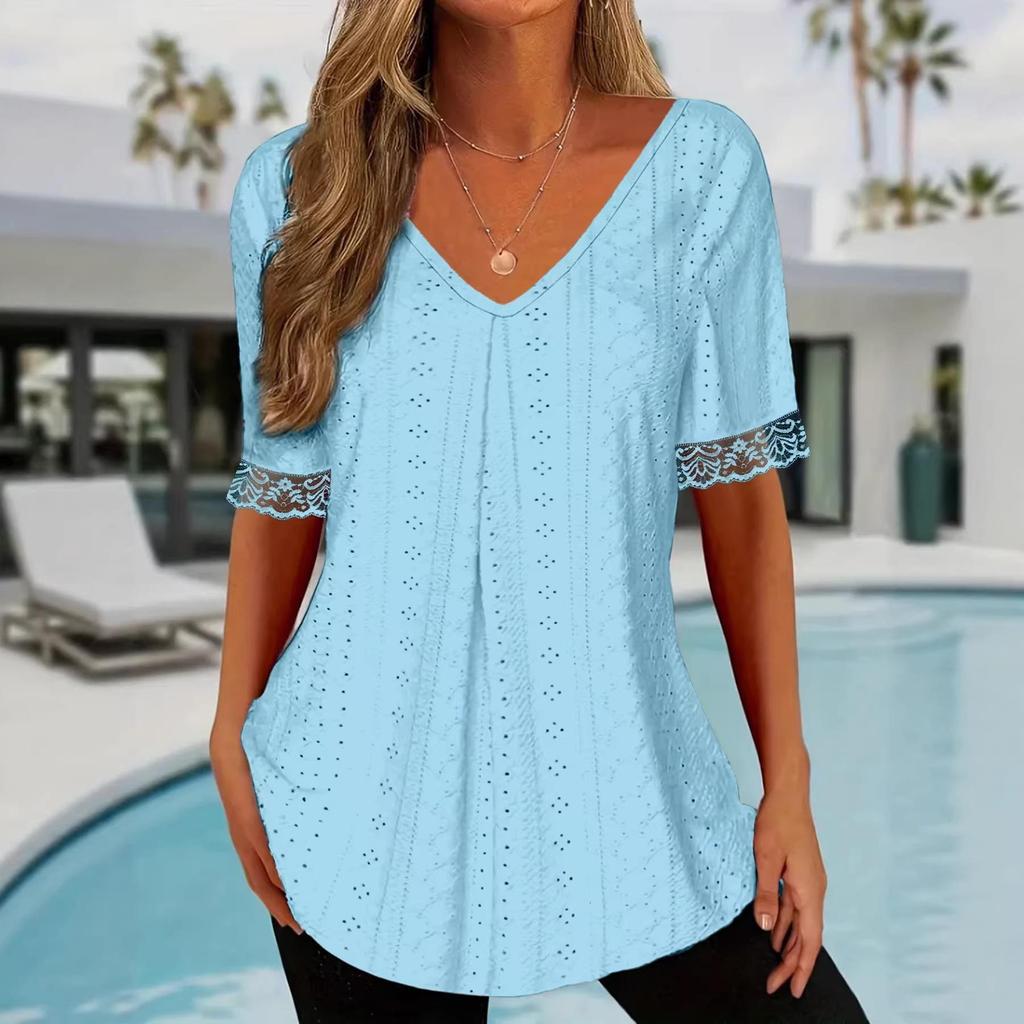 2025 European Women's V-Neck Lace Patchwork Knit T-Shirt