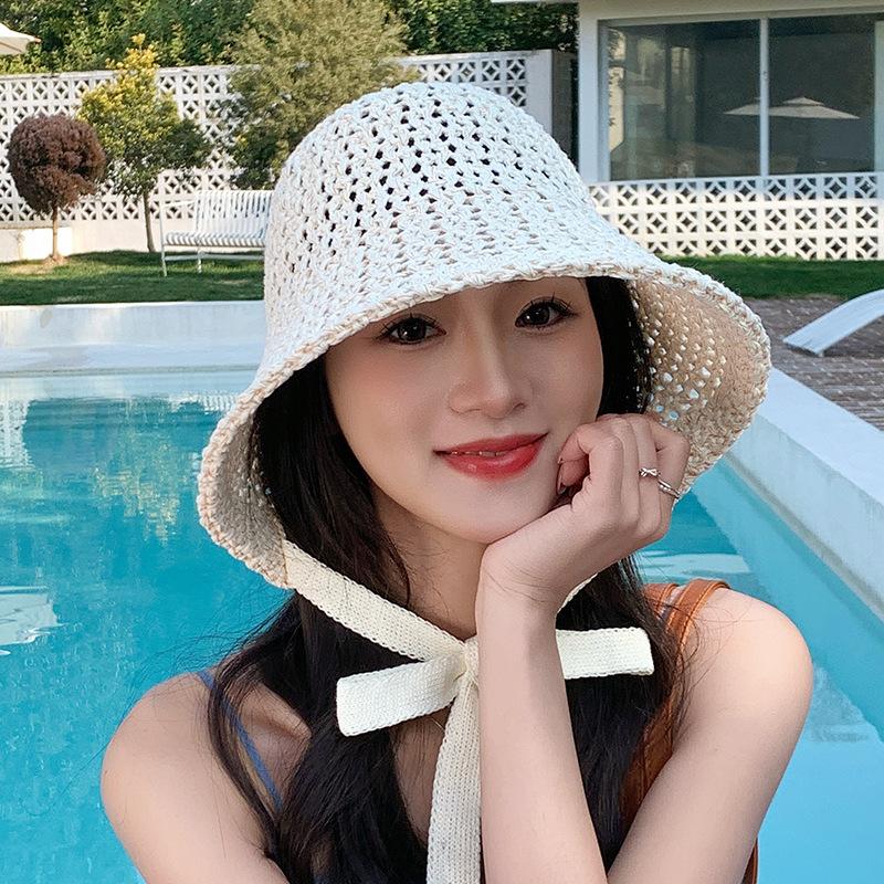 Summer solid color strap bucket hat knitted versatile breathable hat women's sunscreen sunshade seaside bucket hat