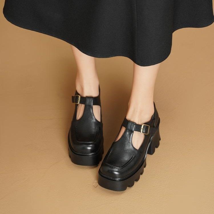 Square head thick heel waterproof table leather single shoes women's 2025 new muffin bottom T-buckle with high heel thick sole loafers