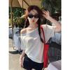 Design Sense Slant Neck Short Sleeve T-Shirt Women's Spring and Summer New One-word Shoulder Off-Shoulder Loose Ins Top