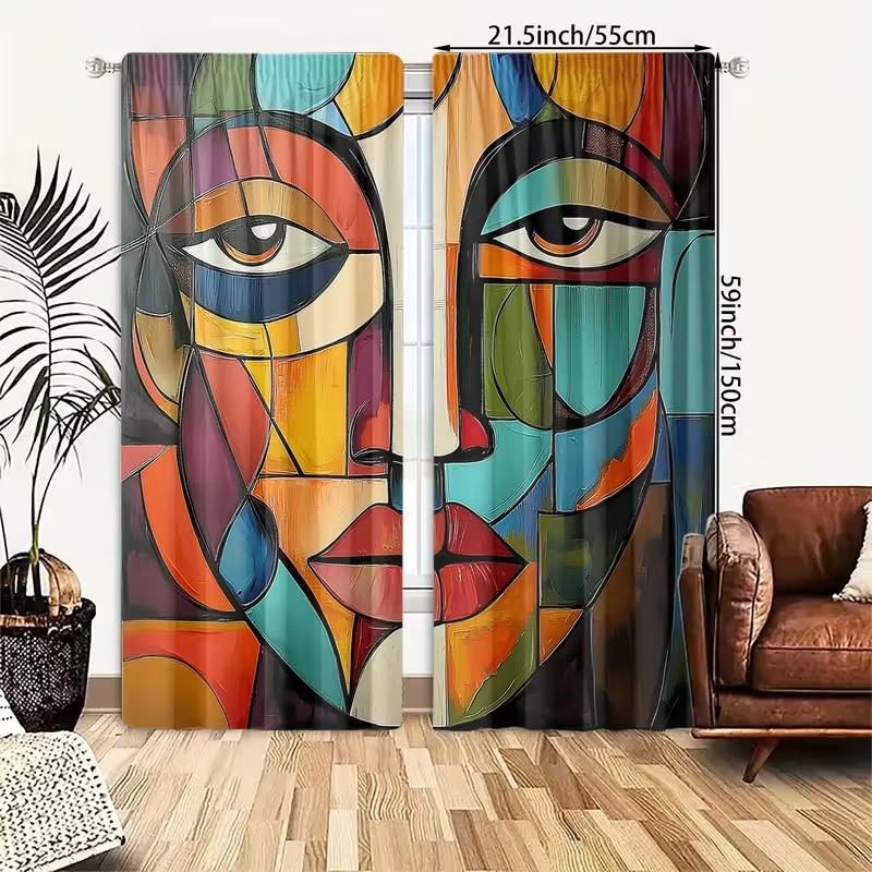 2 Pcs Retro Patchwork Face Print Curtains,suitable for Bedroom,living Room Kitchen Decoration,home Decoration,window Decoration