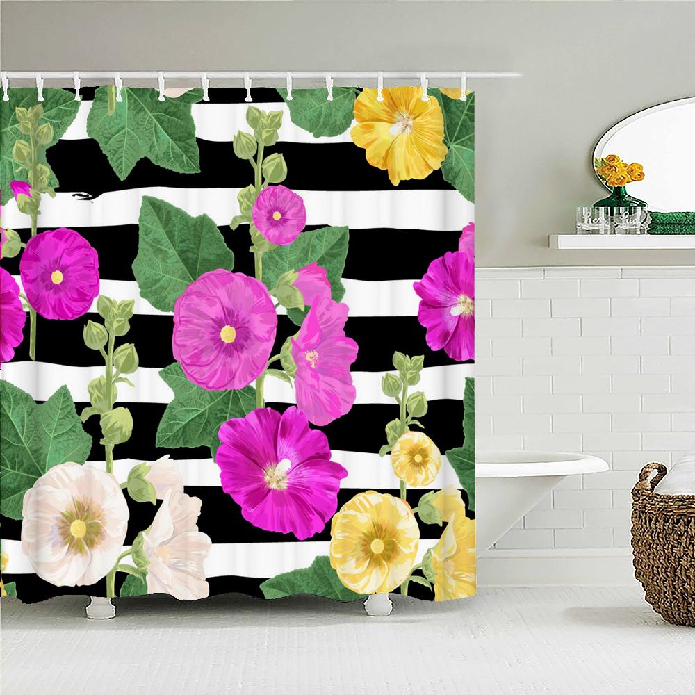 Colorful Beautiful Flowers Bath Curtain Waterproof Fabric Shower Curtains Floral Rose Printing Bathroom Screen Decor with Hooks
